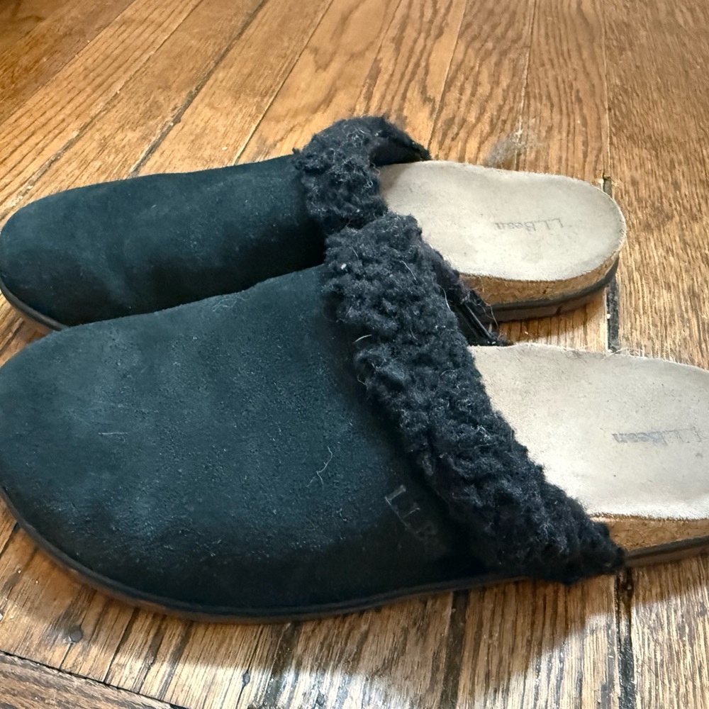 L.L. Bean Black Suede Shearling-Trim Slip-On Mules - Women